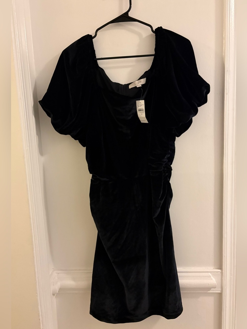 LOFT Black Velvet Puff-Sleeve Midi Dress